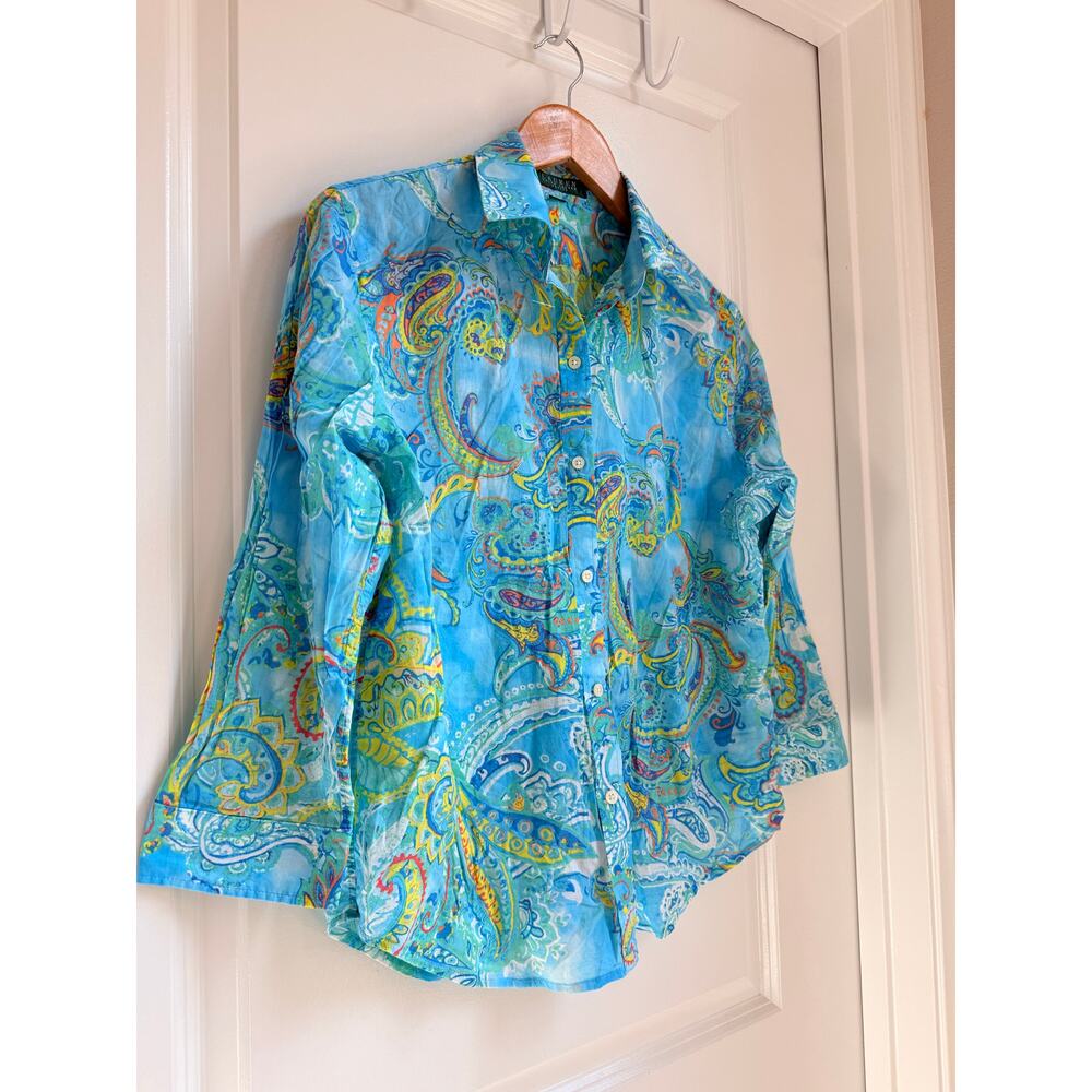 Ralph Lauren‎ Blue Green Paisley Super Lightweight Cotton Blouse Shirt Top - Picture 3 of 6